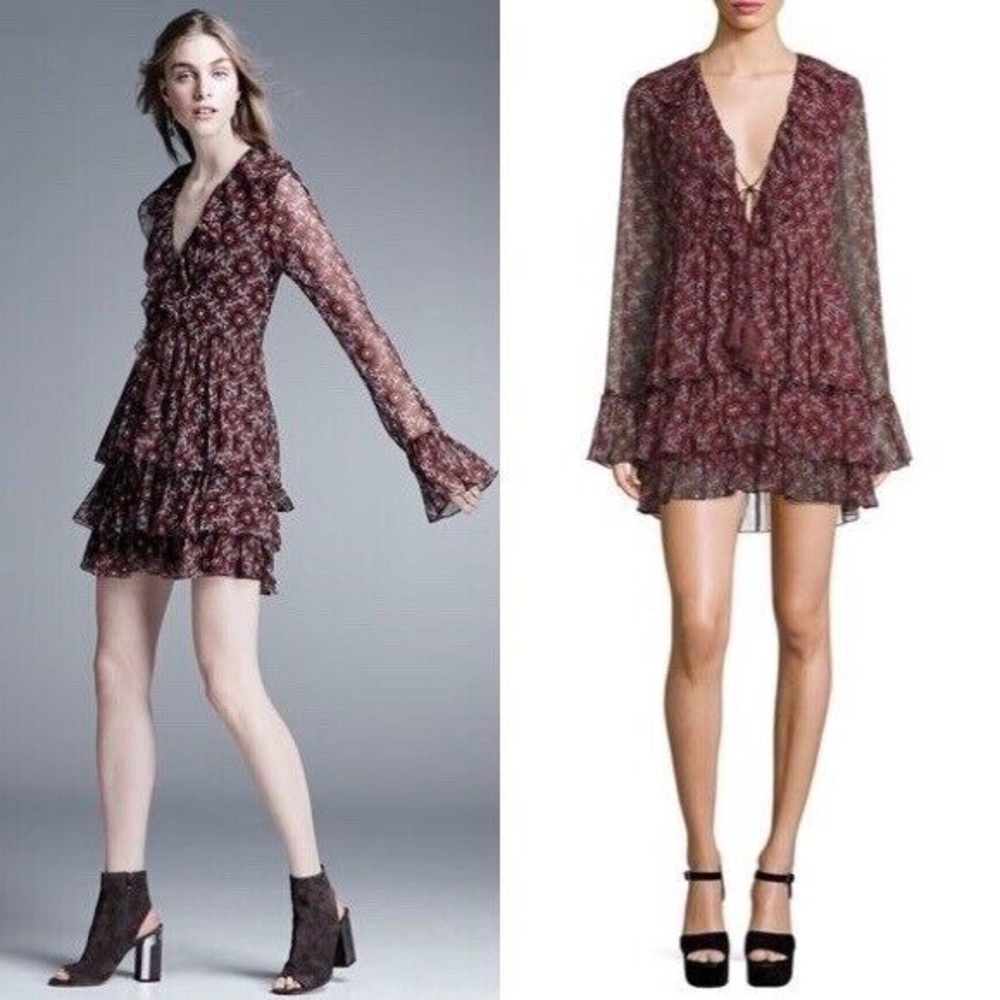 100% Silk Cinq á Sept Jasmine Floral Ruffle Fringe Dress
